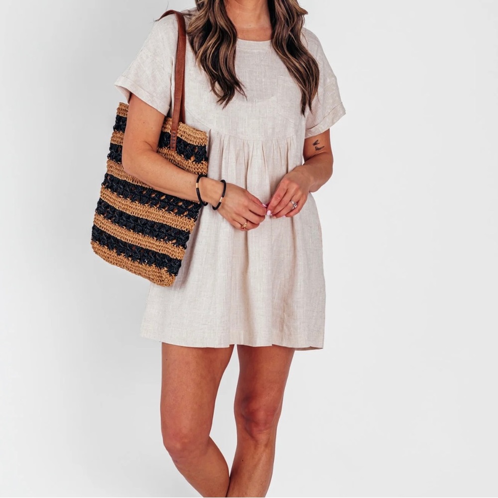 💚NWT Linen style babydoll mini dress / tunic with pockets in natural